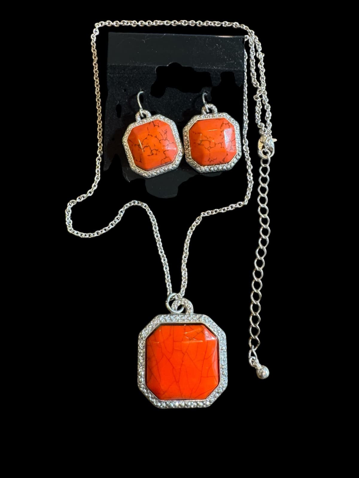 Vintage Orange Pendant Necklace with 18" Chain and Matching Earrings