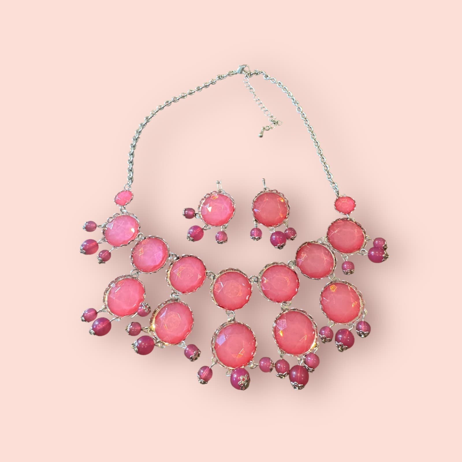 Vintage Pink Princess Necklace with 18" Chain and Matching Earrings