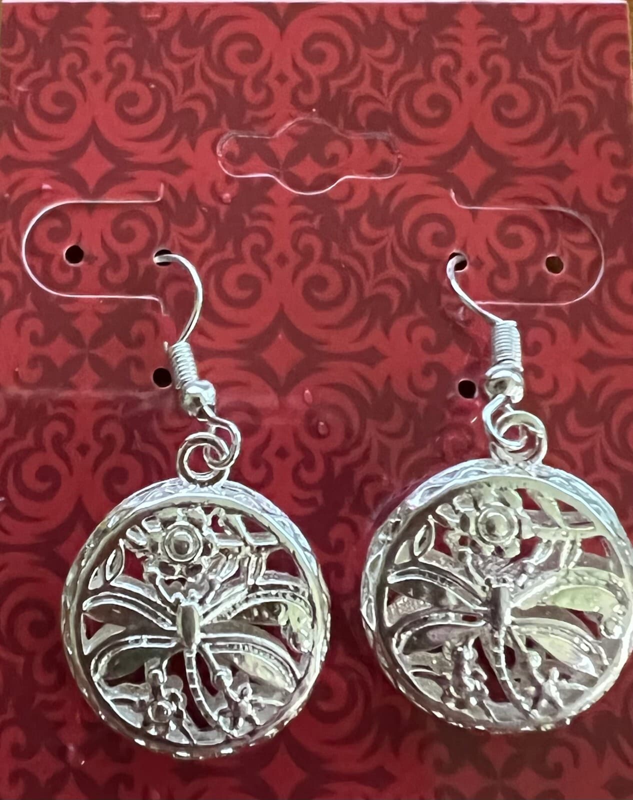 Vintage Earrings Dragonfly Circle Silvertone - Thumbnail 2