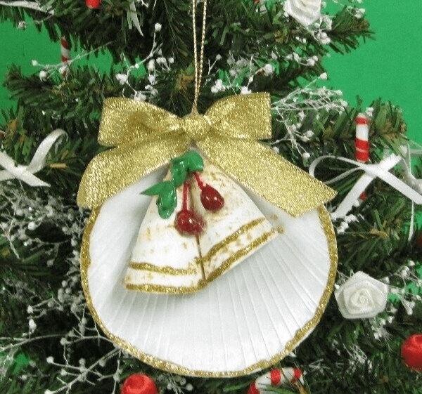 Shell Christmas Ornaments made with Moon Shells with Two Strombus Bells