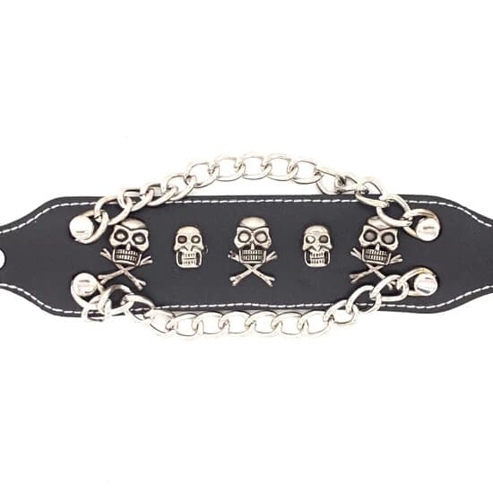 Bracelet Black Leather Stainless Steel Skull And Crossbones Chain - Thumbnail 2
