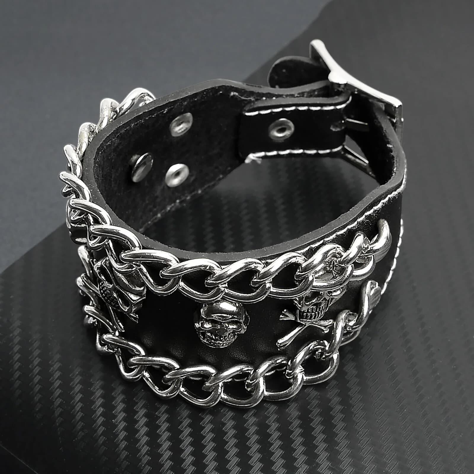 Bracelet Black Leather Stainless Steel Skull And Crossbones Chain - Thumbnail 3