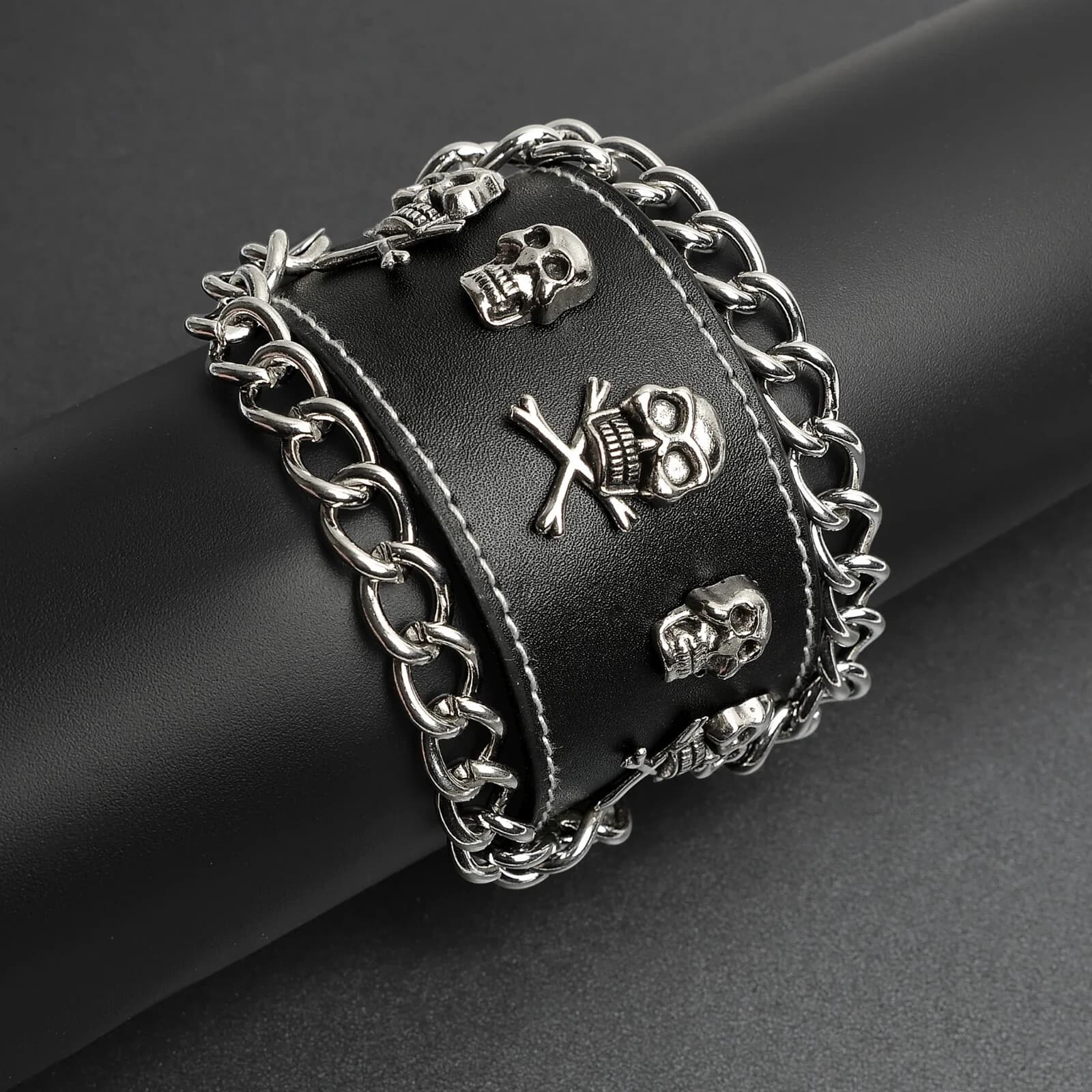 Bracelet Black Leather Stainless Steel Skull And Crossbones Chain - Thumbnail 4