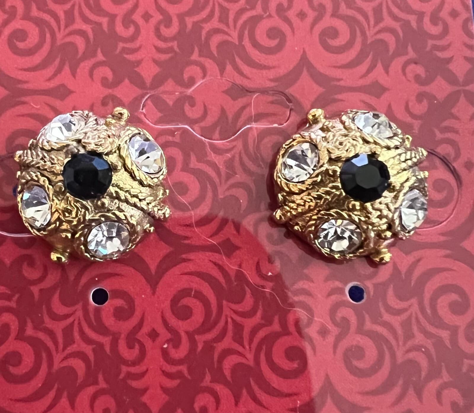 Vintage Earrings Goldtone with Crystals & Black Stone Posts - Thumbnail 2