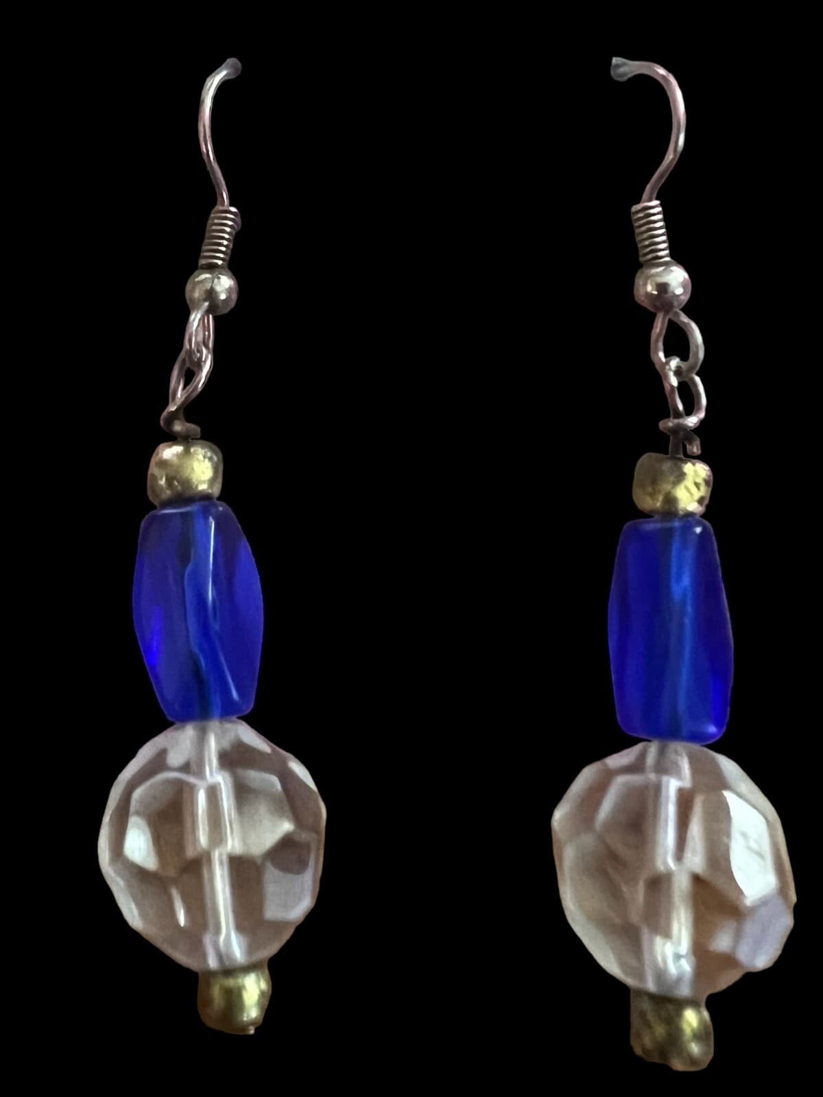 Vintage Earrings Unique Design Blue & Clear Stones - Thumbnail 2
