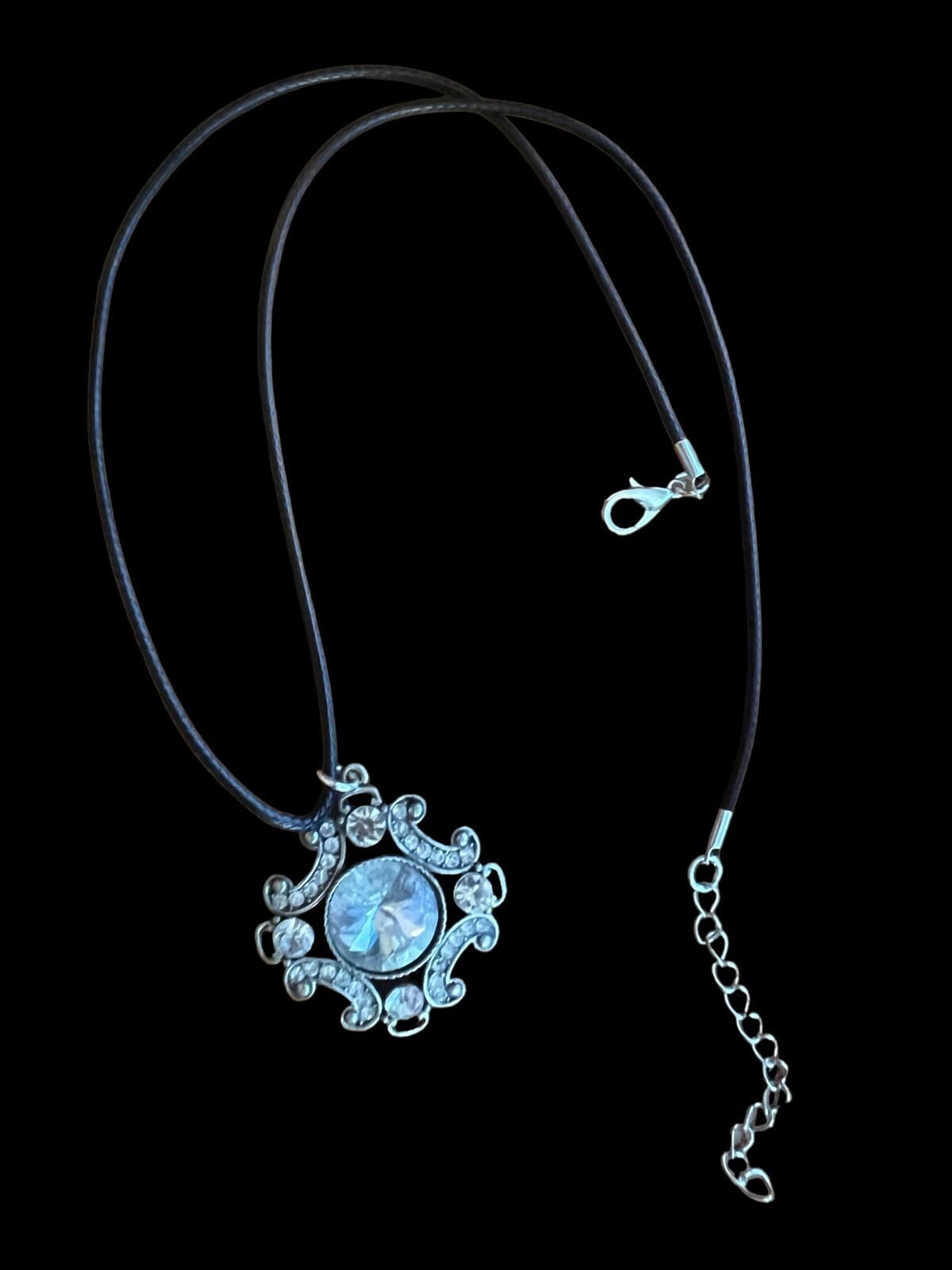 Fashion Jewelry Large Rhinestone Pendant on Black Rope 18" - Thumbnail 3
