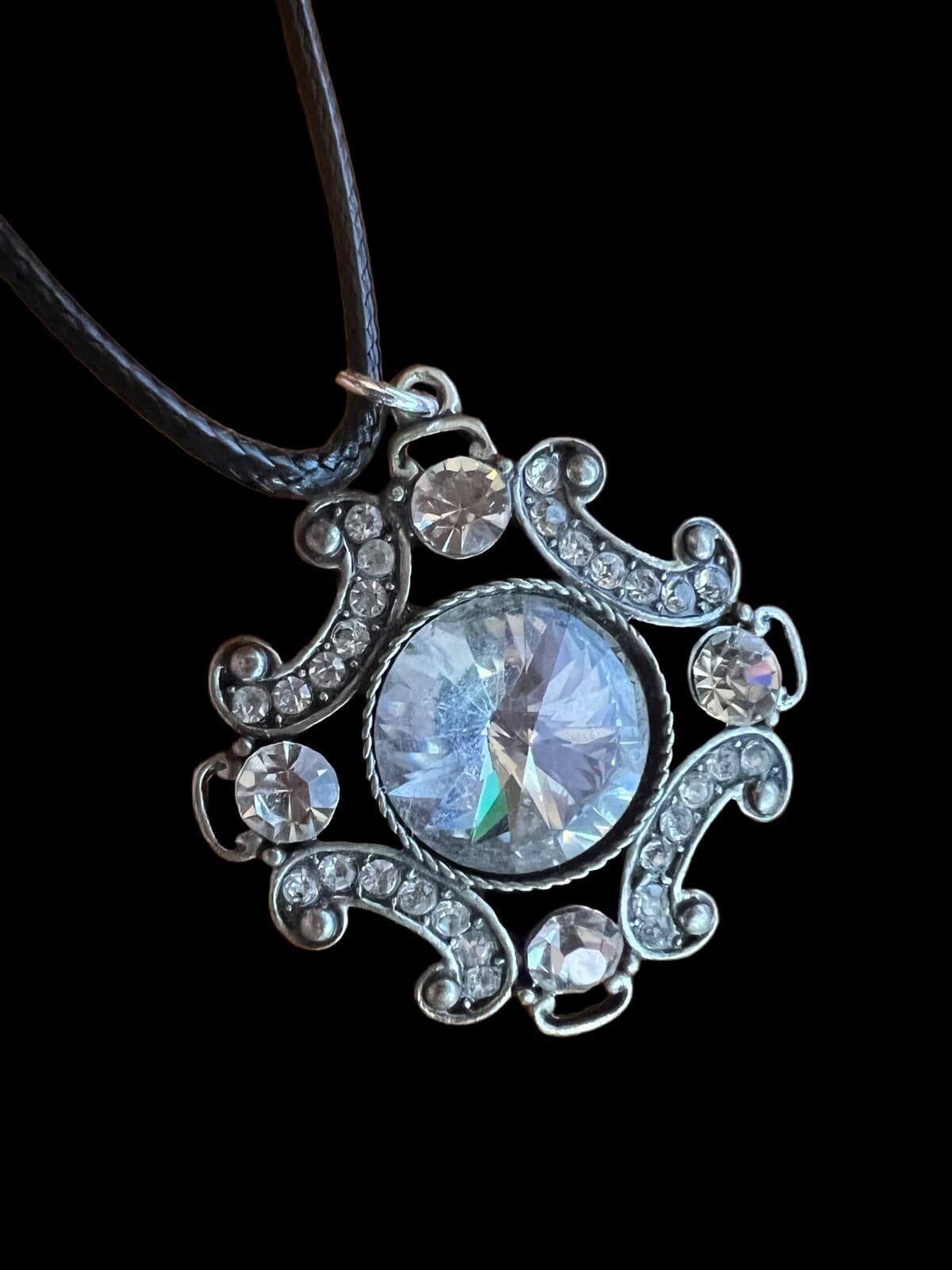 Fashion Jewelry Large Rhinestone Pendant on Black Rope 18" - Thumbnail 2