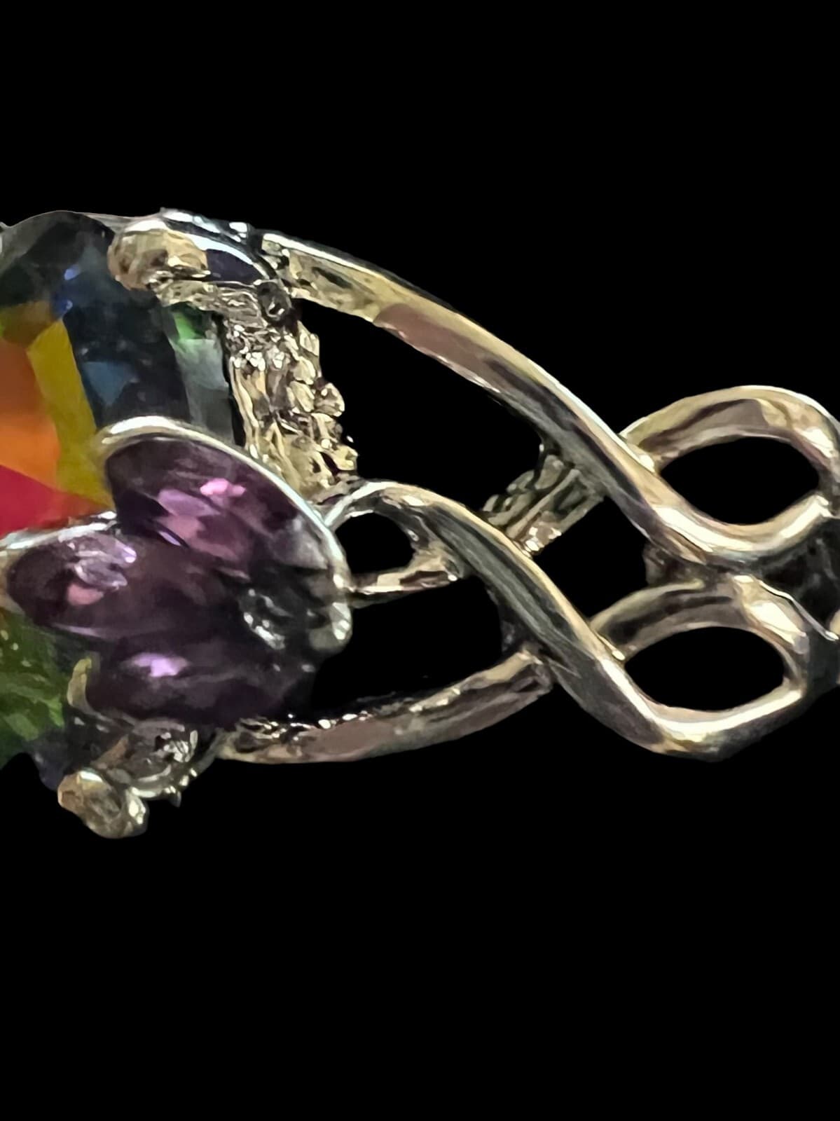 Fashion Jewelry Silvertone Mystic Topaz Stone w/Amethyst Side Stones Size 9.5 - Thumbnail 2