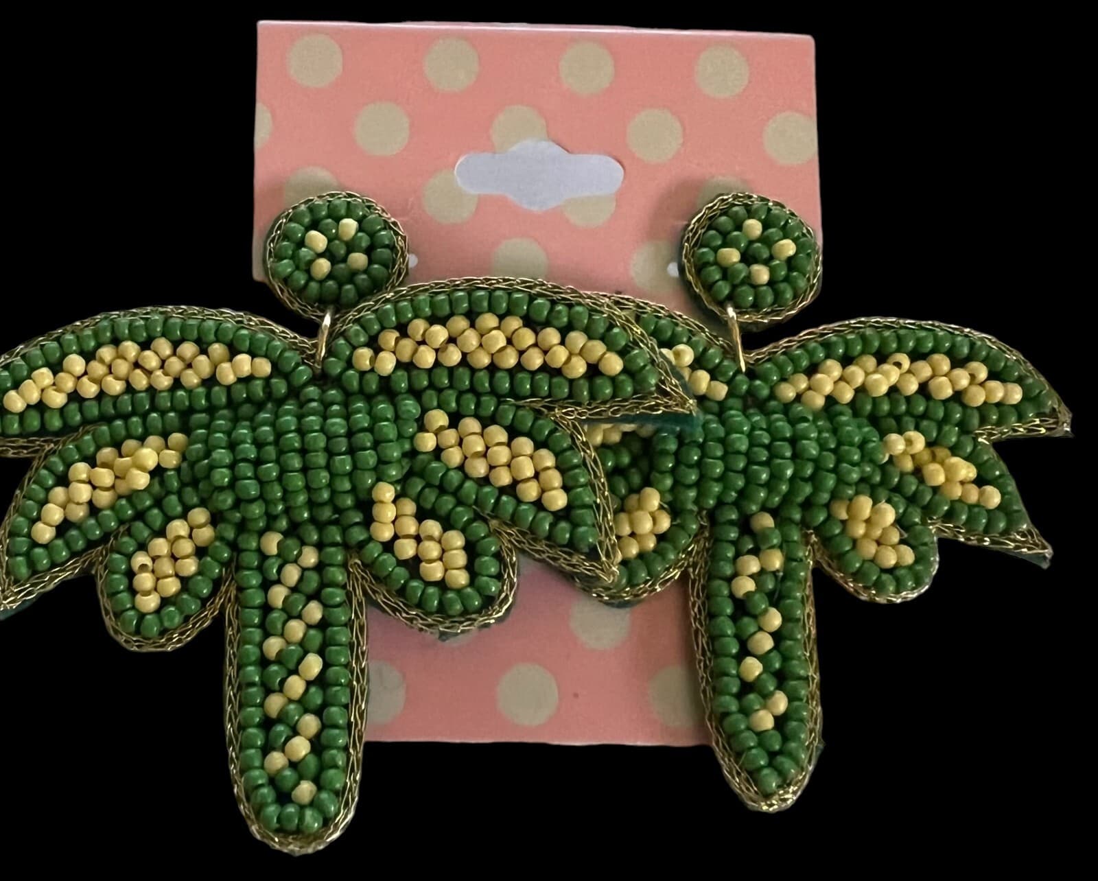 Beaded Palm Tree Earrings Green & Lite Yellow - Thumbnail 3