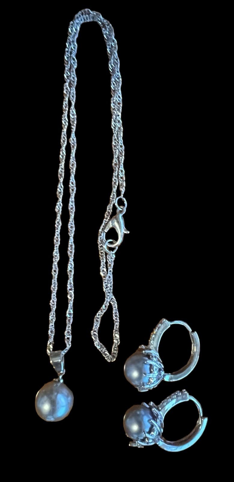 Fashion Jewelry Silvertone Gray Faux Pearl Necklace w/Earrings - Thumbnail 4