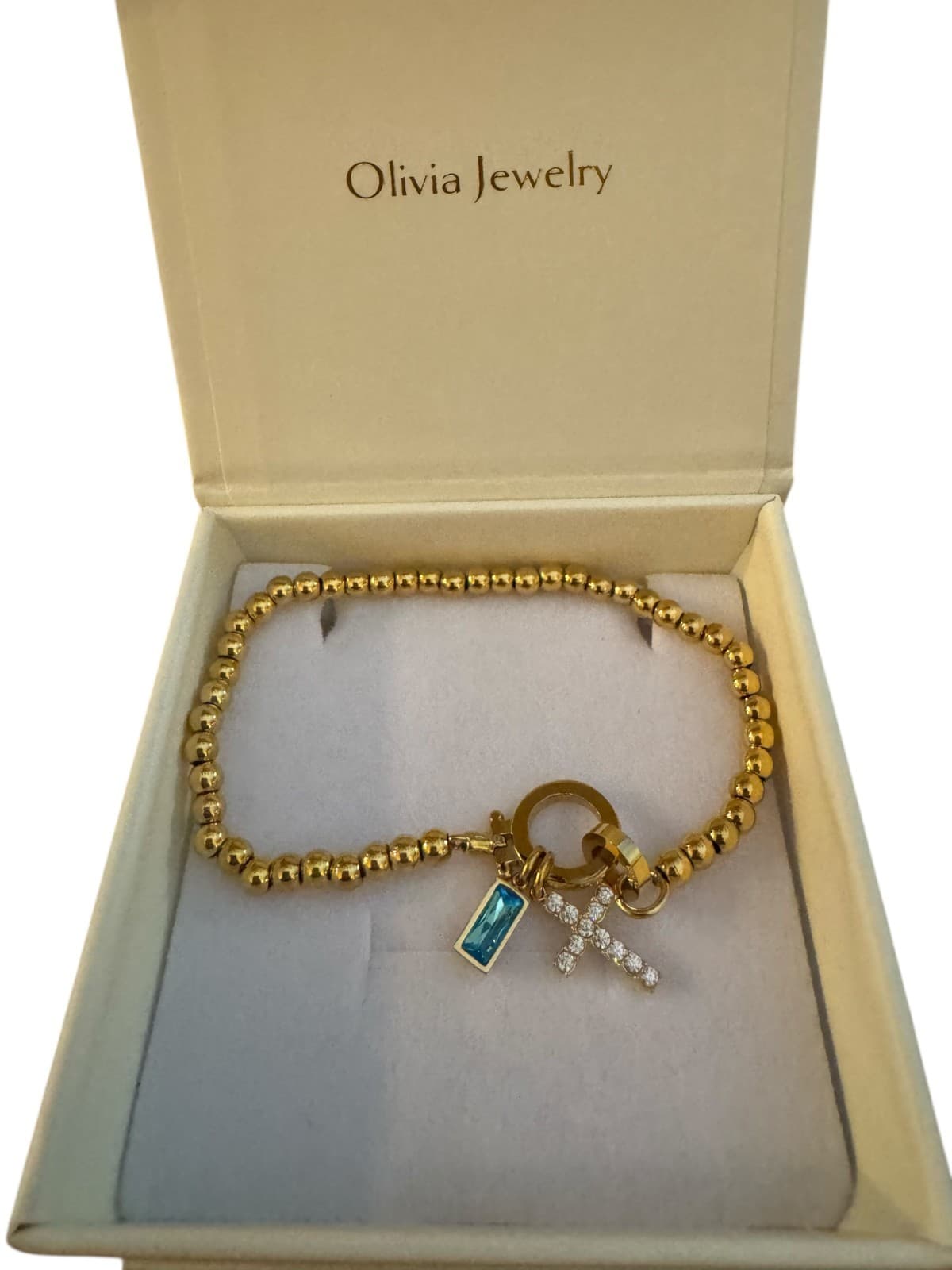Goldtone Beaded Birthstone December Cross Charm Bracelet Olivia Jewelry - Thumbnail 2