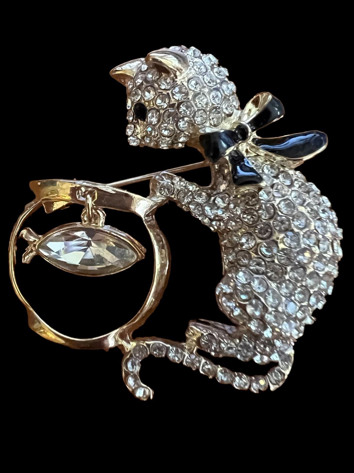 Fashion Jewelry Rhinestone Cat w/Fish Bowl w/Stone Pin Goldtone - Thumbnail 2