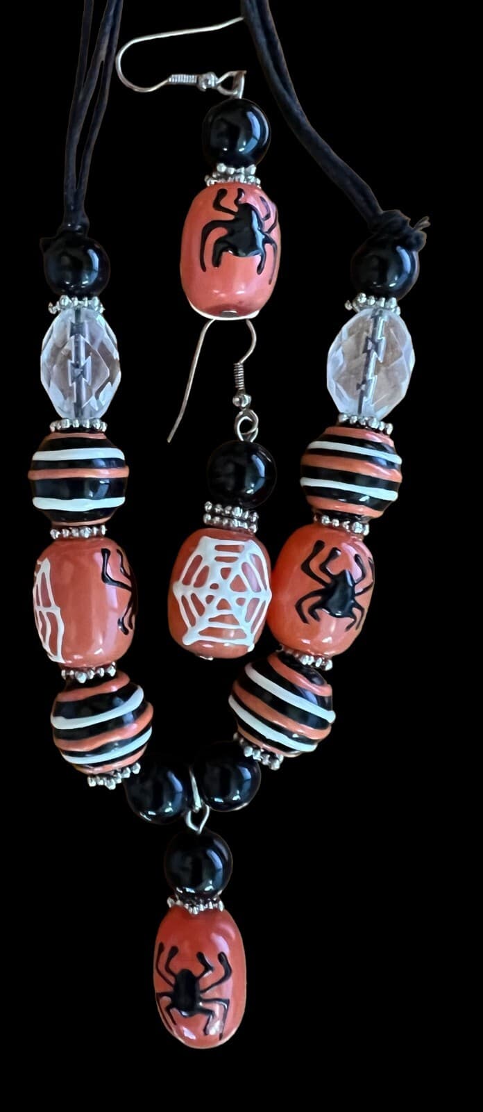 Vintage Halloween Necklace w/earrings Glass Beads on Black Rope - Thumbnail 2
