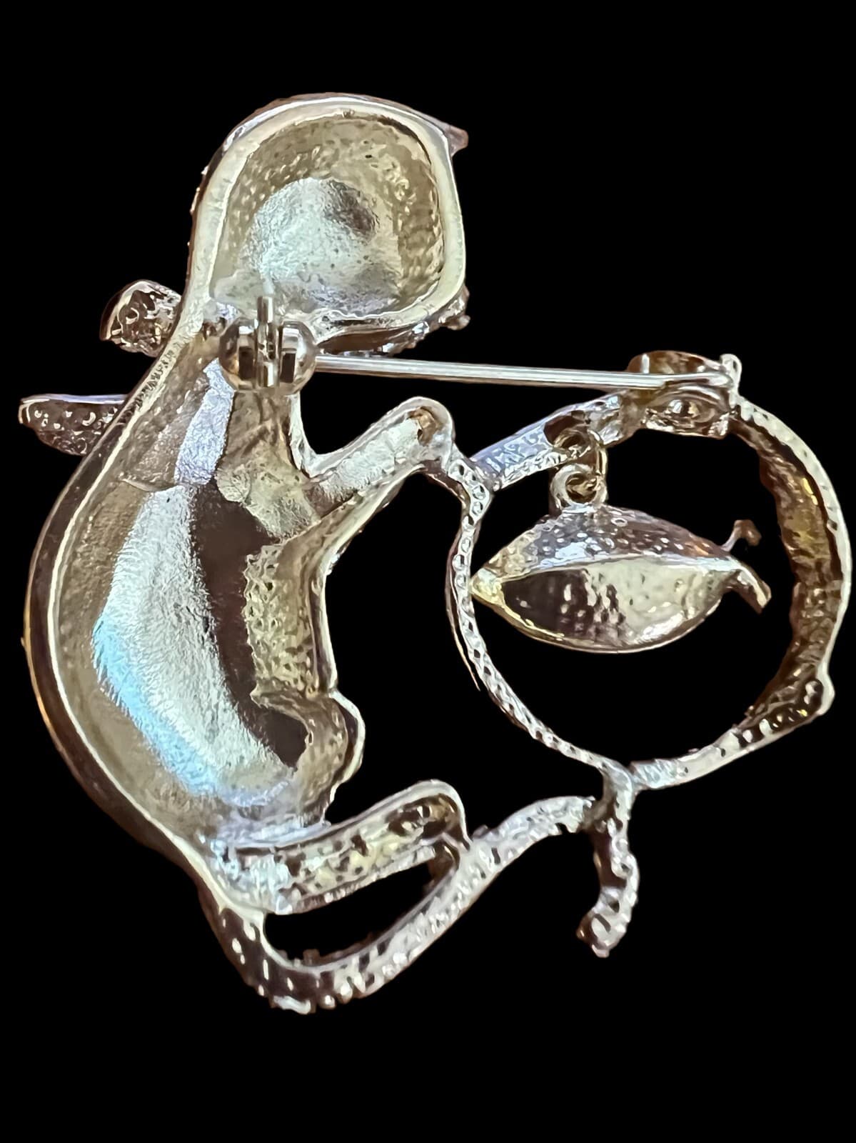 Fashion Jewelry Rhinestone Cat w/Fish Bowl w/Stone Pin Goldtone - Thumbnail 3