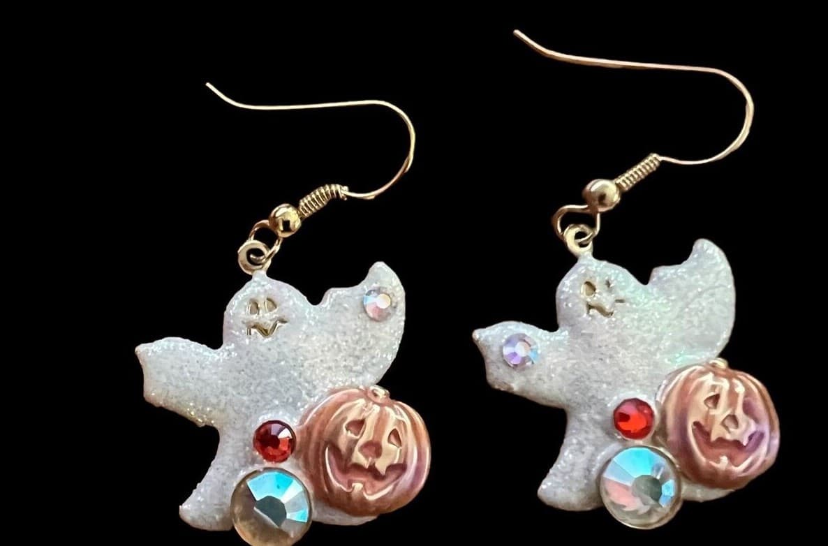 Vintage Halloween Ghost with Rhinestones & Pumpkin Earrings - Cute - Thumbnail 2