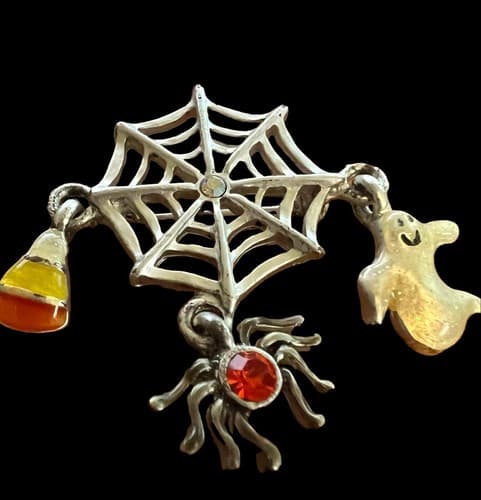 Vintage Halloween Metal Pumpkin Pin w/3 Charms Signed AJMC - Thumbnail 2