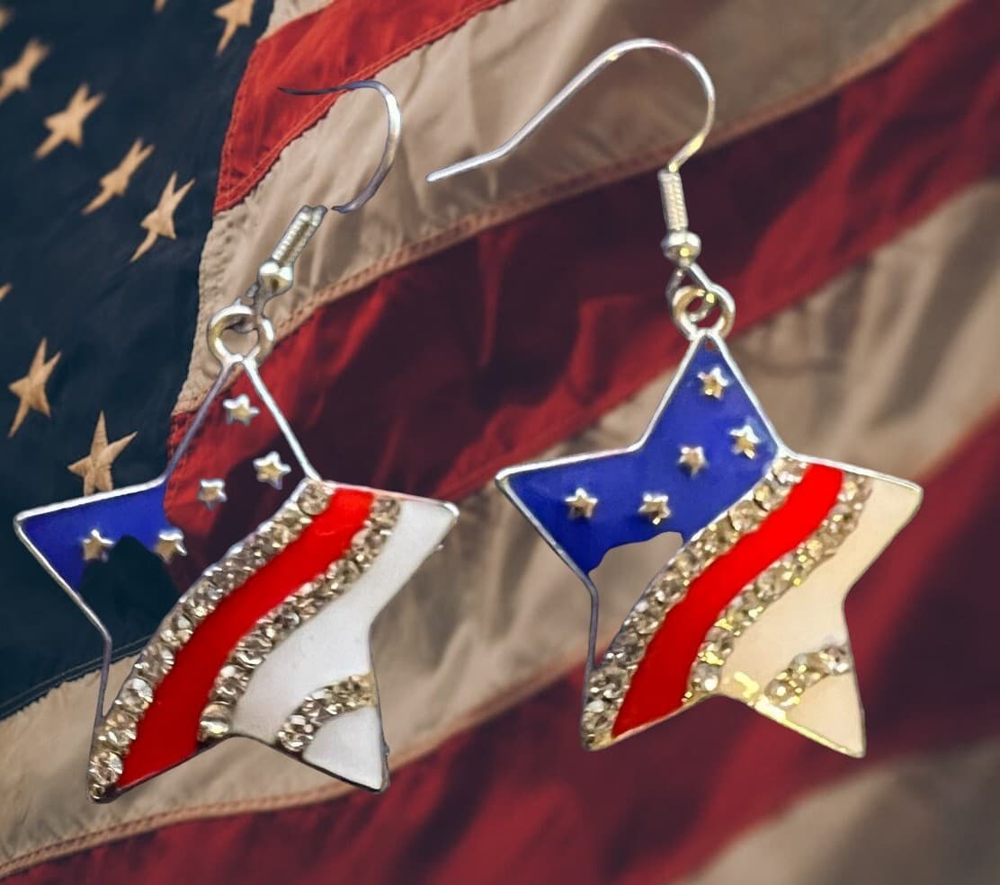 US Flag Red White Blue Star Earrings - Thumbnail 2