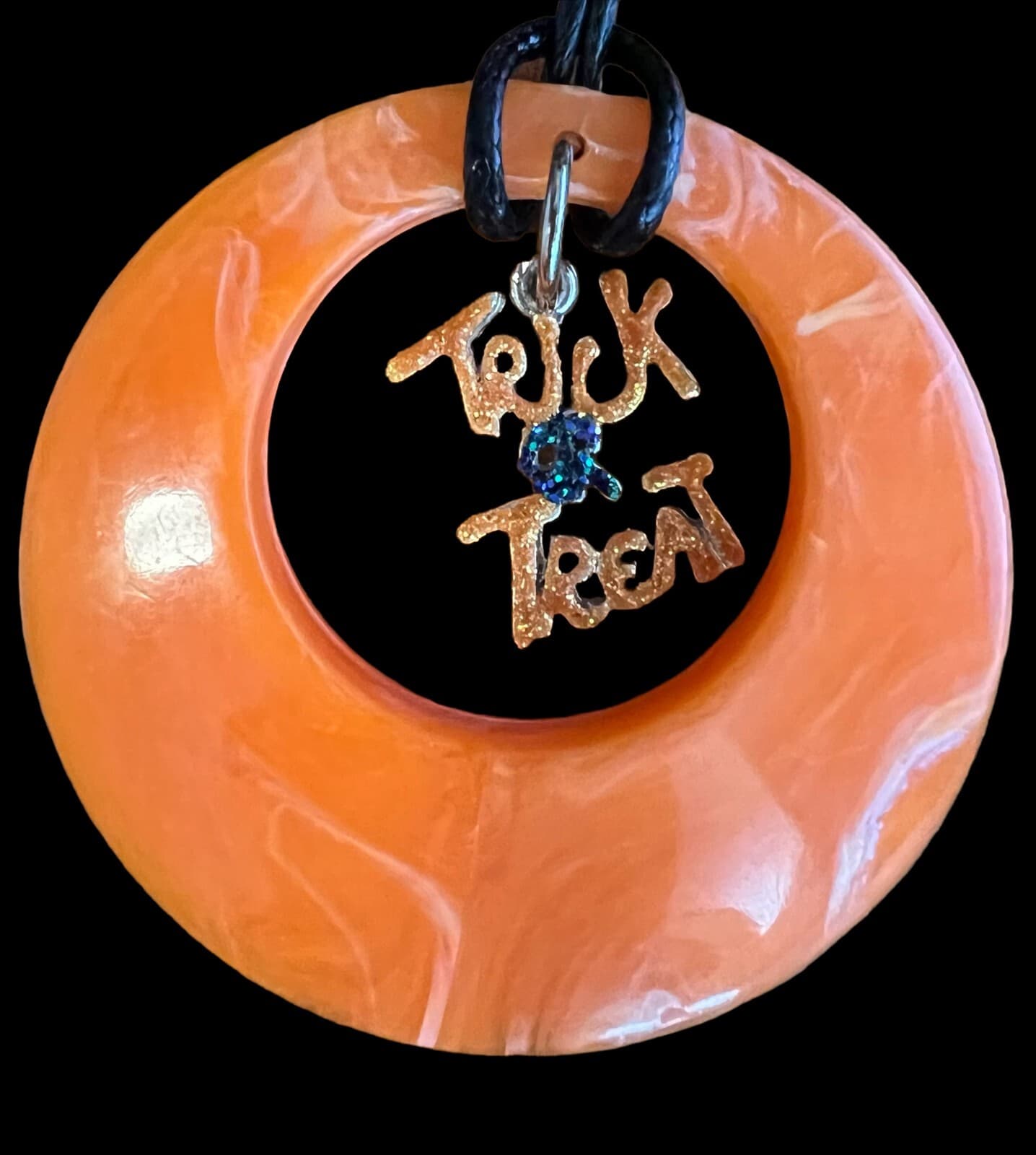 Vintage Halloween Black Rope Necklace w/ Orange Disk w/Trick or Treat Charm - Thumbnail 2