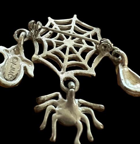 Vintage Halloween Metal Pumpkin Pin w/3 Charms Signed AJMC - Thumbnail 3