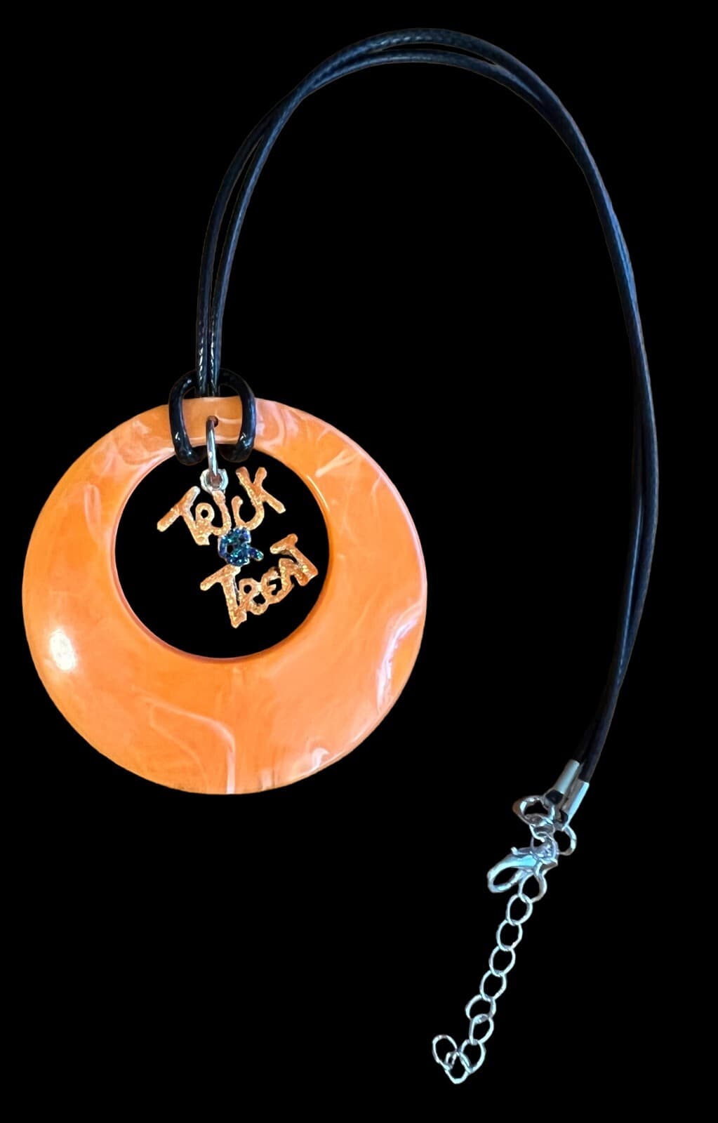 Vintage Halloween Black Rope Necklace w/ Orange Disk w/Trick or Treat Charm - Thumbnail 3