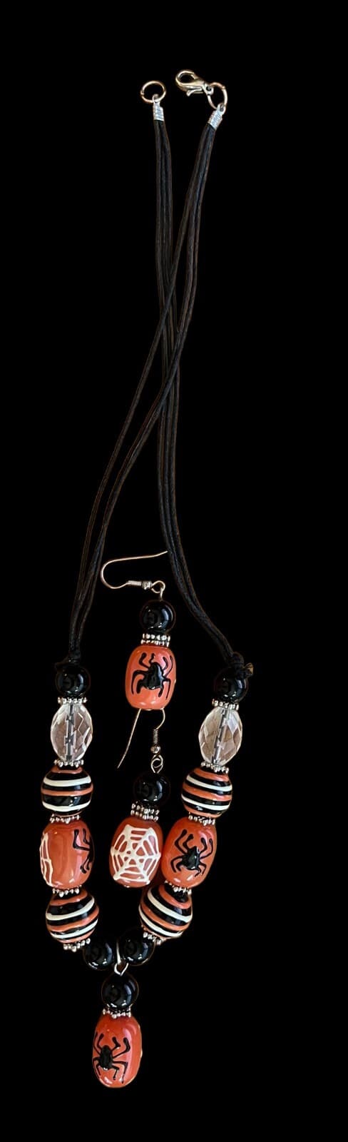 Vintage Halloween Necklace w/earrings Glass Beads on Black Rope - Thumbnail 3