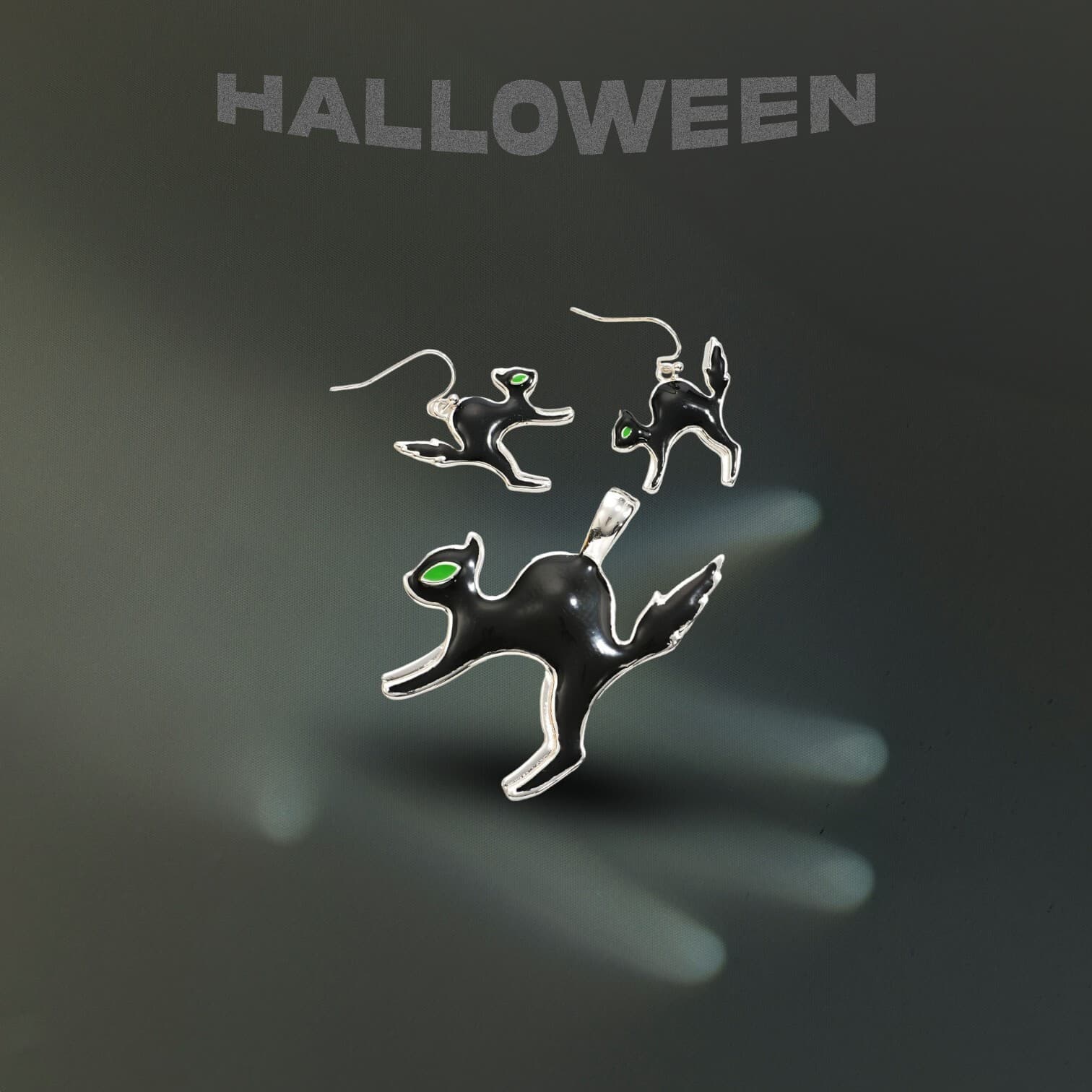 Vintage Halloween Silvertone Black Enamel Cat Earrings & Pendant - Thumbnail 2