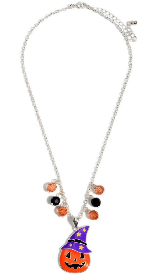 Halloween Necklace Orange Pumpkin with Purple Hat Silvertone Hand Made Jewelry - Thumbnail 8