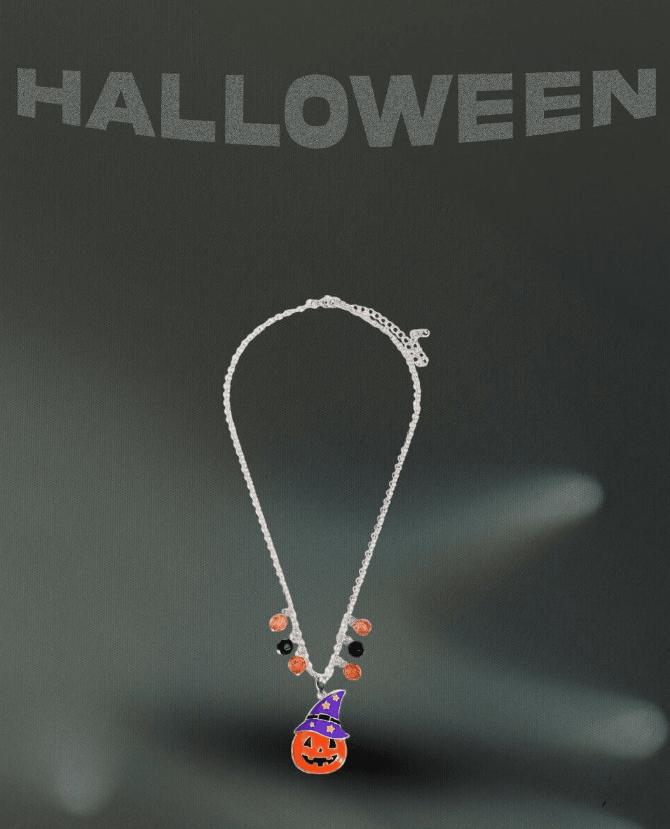 Halloween Necklace Orange Pumpkin with Purple Hat Silvertone Hand Made Jewelry - Thumbnail 7