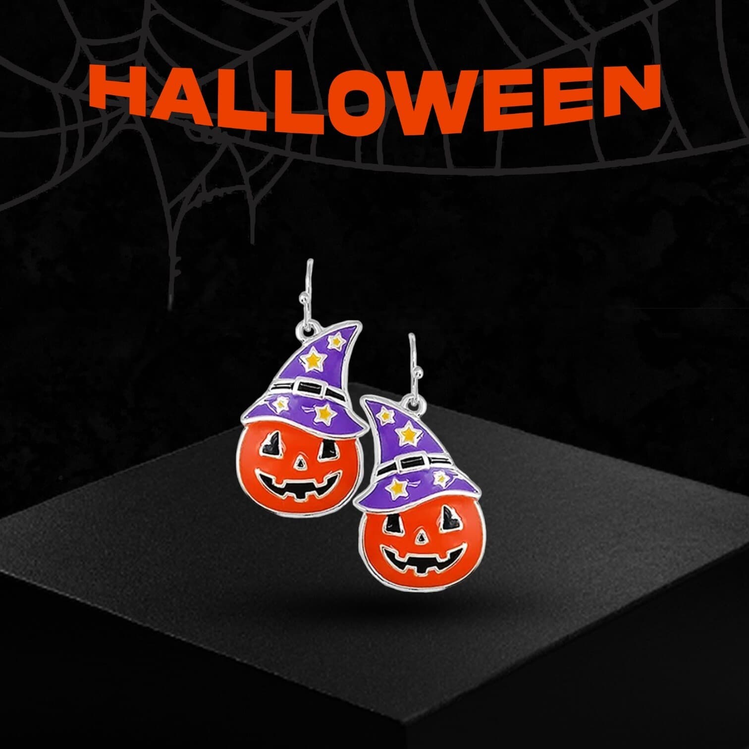 Halloween Earrings Orange Pumpkin with Purple Heart Silvertone Hand Made Jewelry - Thumbnail 2