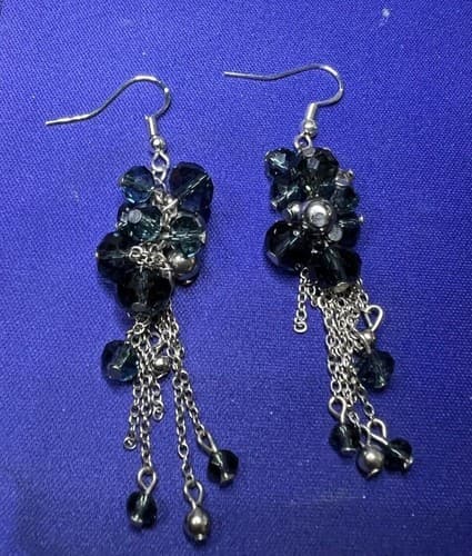 Vintage 60's Style Silvertone Black Glass Bead w/Silvertone accents 2" Drop - Thumbnail 2