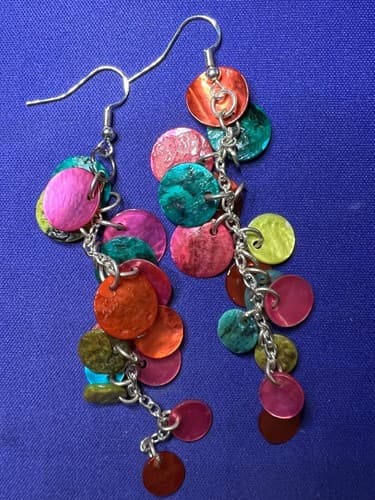 Vintage 60's Style Multi Color Earrings 3.5" Drop - Thumbnail 2