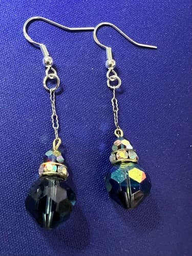 Vintage 50" Style Blue Colored Glass Stone Earrings 1.5" Drop - Thumbnail 2