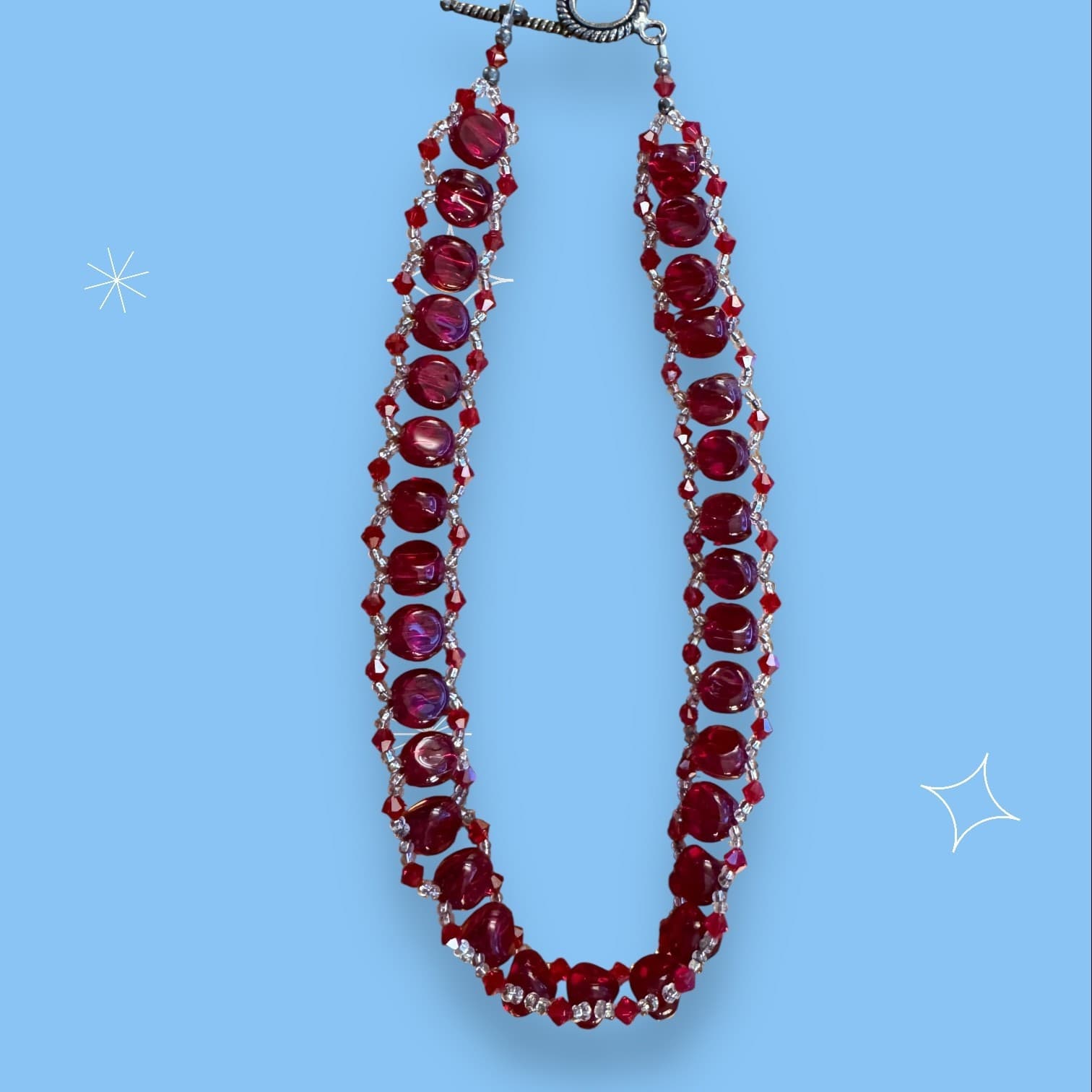 VINTAGE Handmade Beautiful Red Glass Bead Necklace 15"