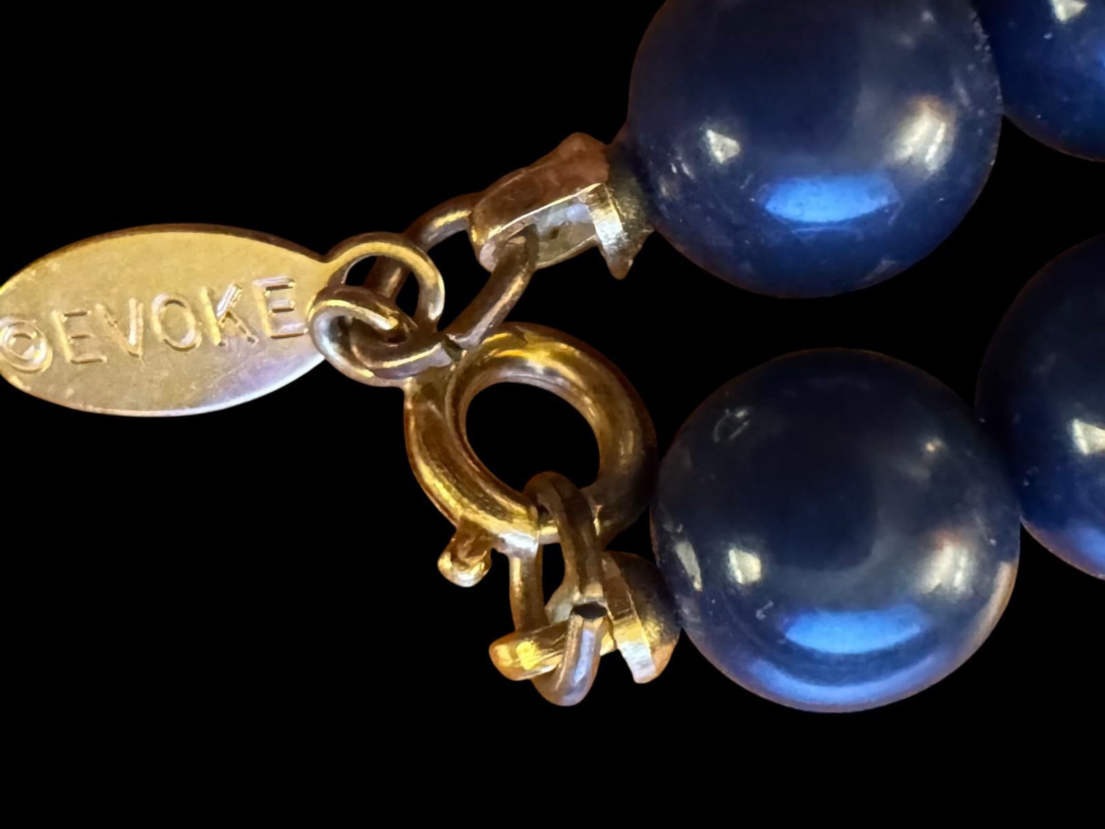 Vintage Navy Blue Goldtone Acyrlic Beads Signed Evoke - Thumbnail 2