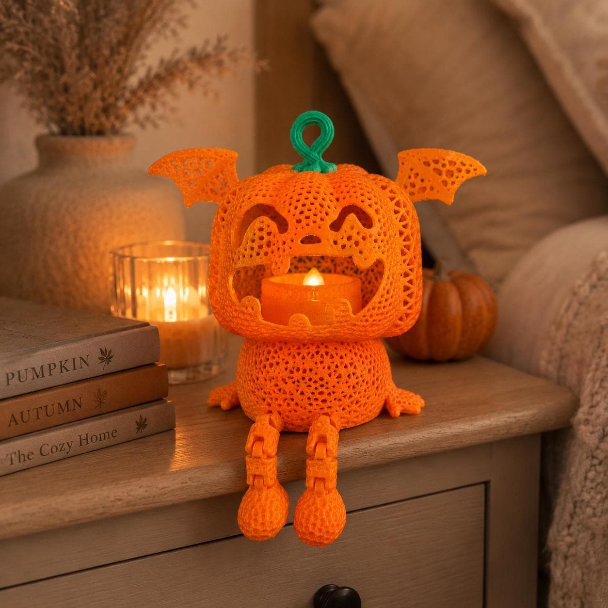 Bat Wing Jack-O’-Lantern Tealight Holder | Cute Spooky 3D Printed Pumpkin Lantern | Halloween Shelf Decor