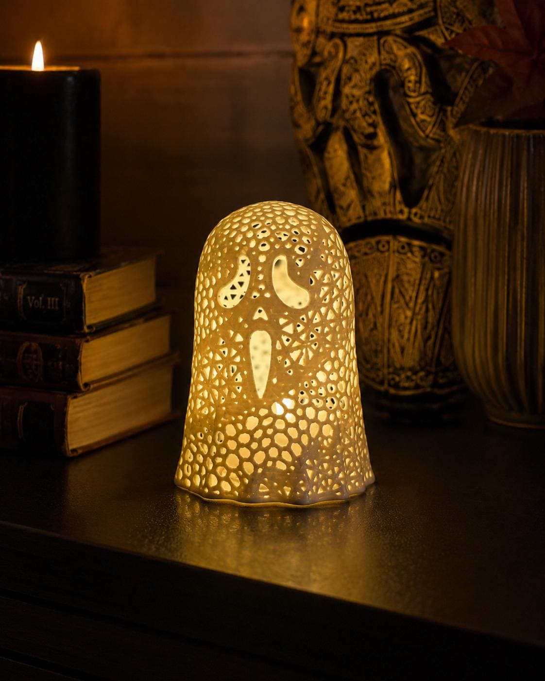 SCREAM Ghost Tealight Holder | Glowing Ghost Lantern | Cute Halloween Shelf Decor | Spooky Fall Mantel Accent - Thumbnail 5