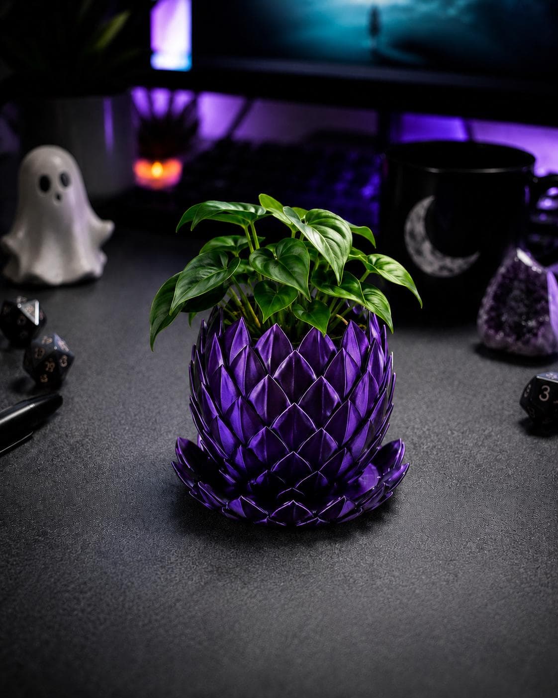 Dragon Scale Planter with Drip Tray, 3D Printed Indoor Plant Pot - Thumbnail 3