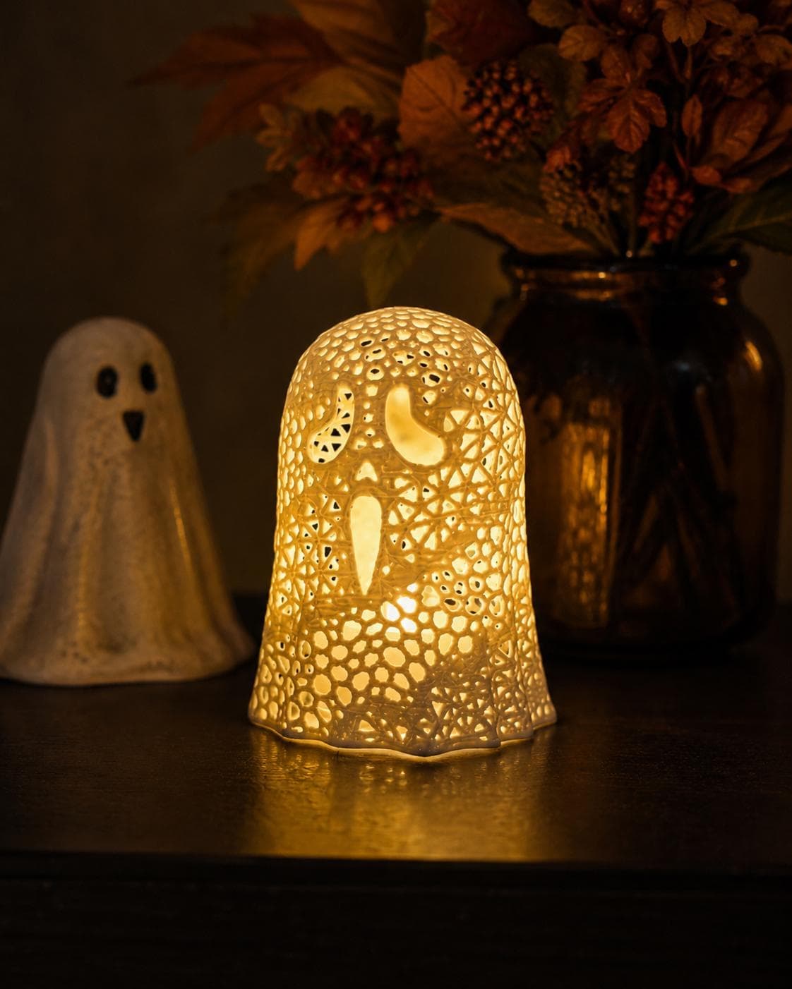 SCREAM Ghost Tealight Holder | Glowing Ghost Lantern | Cute Halloween Shelf Decor | Spooky Fall Mantel Accent - Thumbnail 2