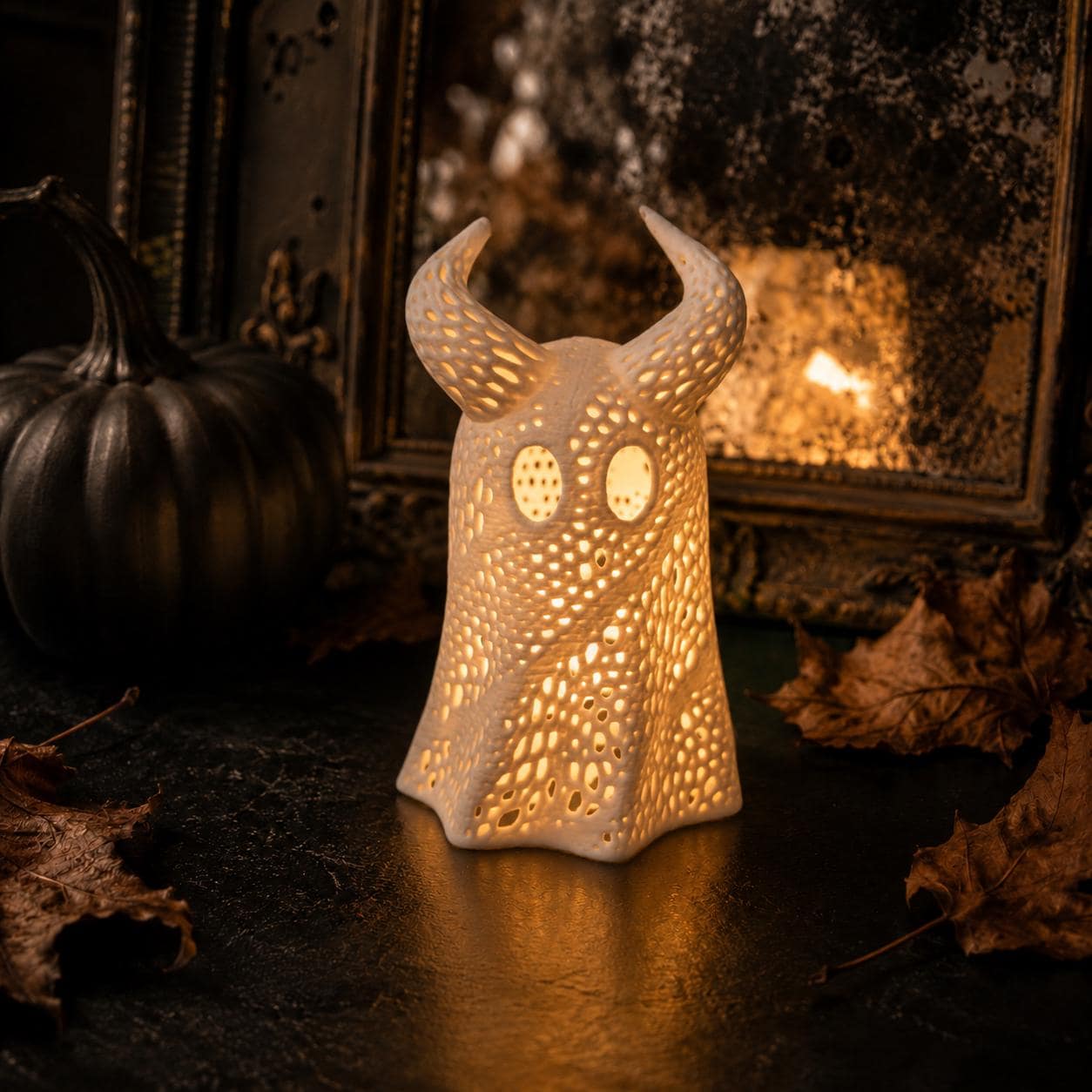 Horned Ghost Lantern – 3D Printed Ghost Tea Light Holder, Spooky Halloween Decor, Gothic Shelf Lamp, Cute Creepy Witchy Decor