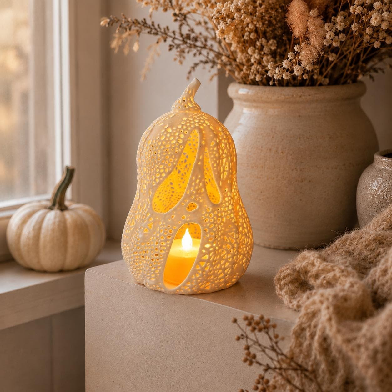 Glowing Ghost Jack-O’-Lantern Tealight Holder | 3D Printed Pumpkin Lantern | Spooky Cute Halloween Shelf Decor - Thumbnail 4