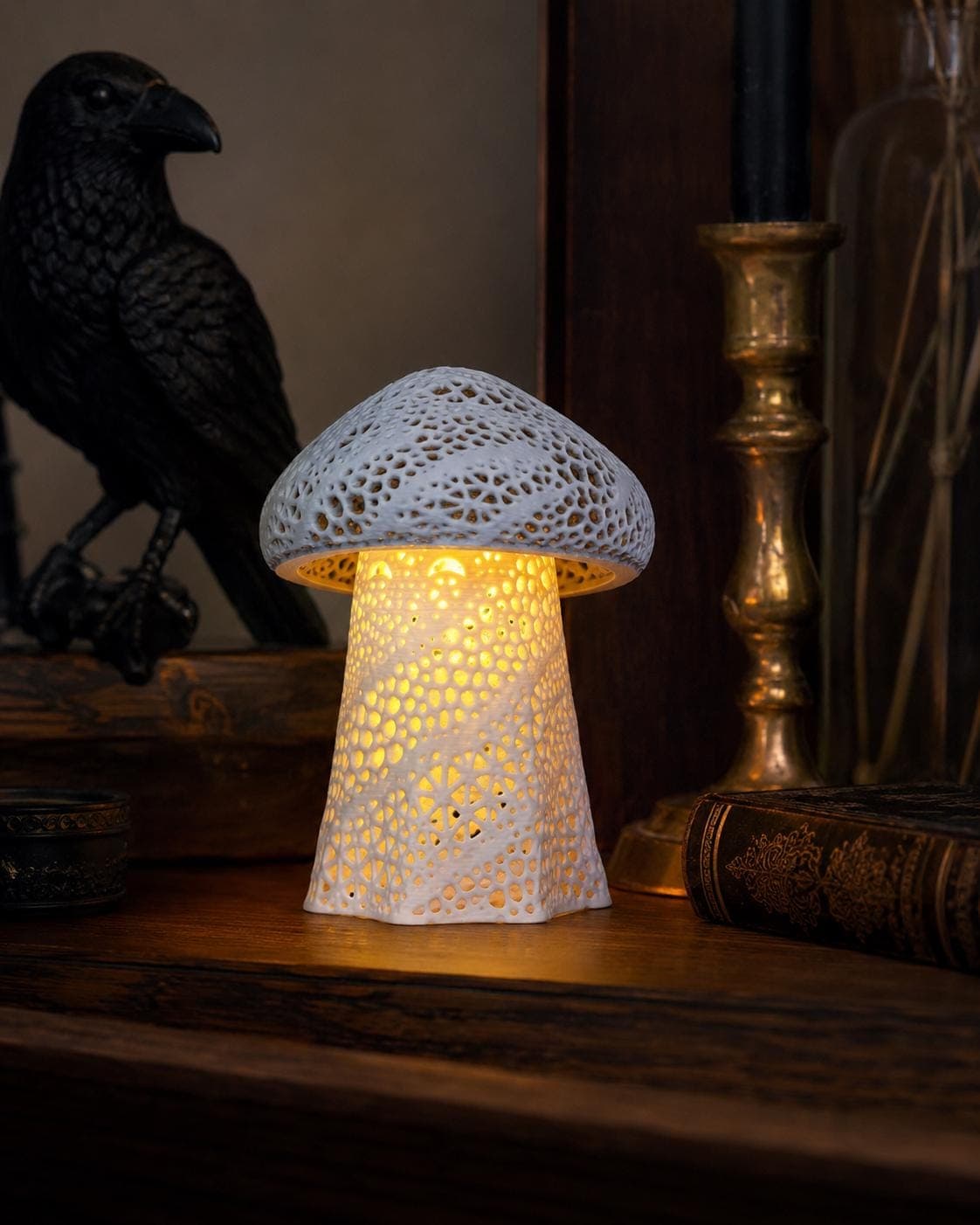 Mystic Ghost Shroom Lantern | 3D Printed Mushroom Night Light, Spooky Halloween Shelf Decor, Ghost Mushroom Lamp, Cottagecore Fantasy Decor - Thumbnail 2