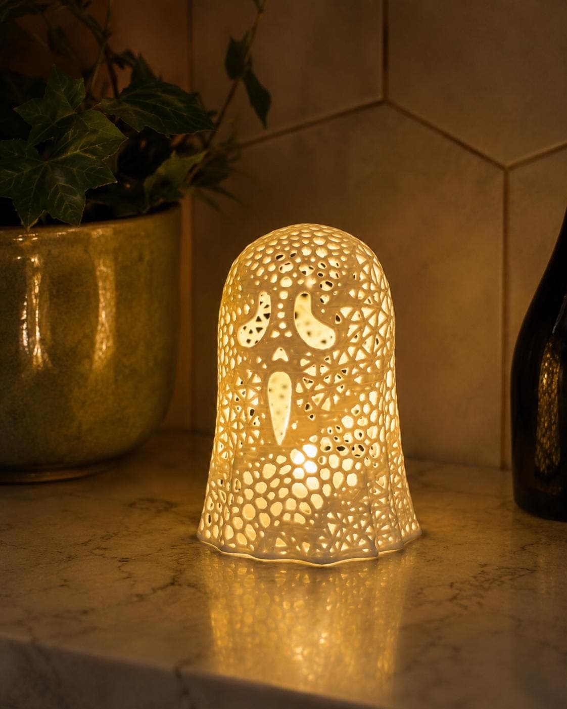 SCREAM Ghost Tealight Holder | Glowing Ghost Lantern | Cute Halloween Shelf Decor | Spooky Fall Mantel Accent