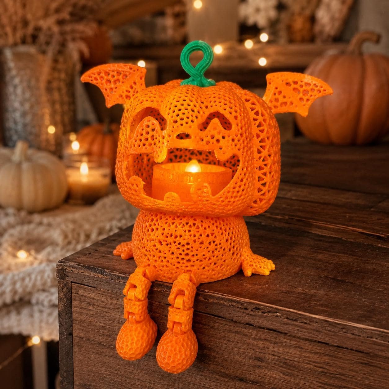 Bat Wing Jack-O’-Lantern Tealight Holder | Cute Spooky 3D Printed Pumpkin Lantern | Halloween Shelf Decor - Thumbnail 2