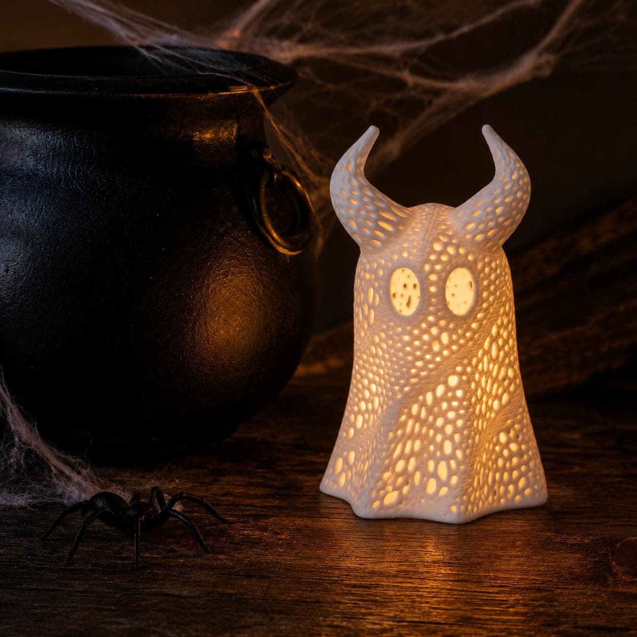 Horned Ghost Lantern – 3D Printed Ghost Tea Light Holder, Spooky Halloween Decor, Gothic Shelf Lamp, Cute Creepy Witchy Decor - Thumbnail 6