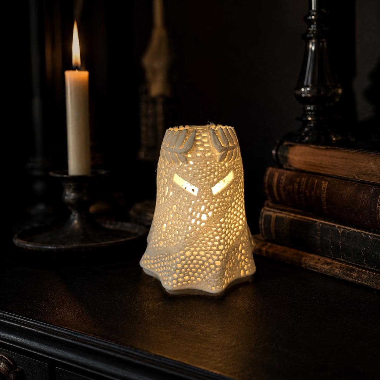 Alexander the Ghost Lantern – 3D Printed Ghost Tea Light Holder, Spooky Halloween Shelf Decor, Gothic Ghost Lamp, Cute Creepy Decor - Thumbnail 3