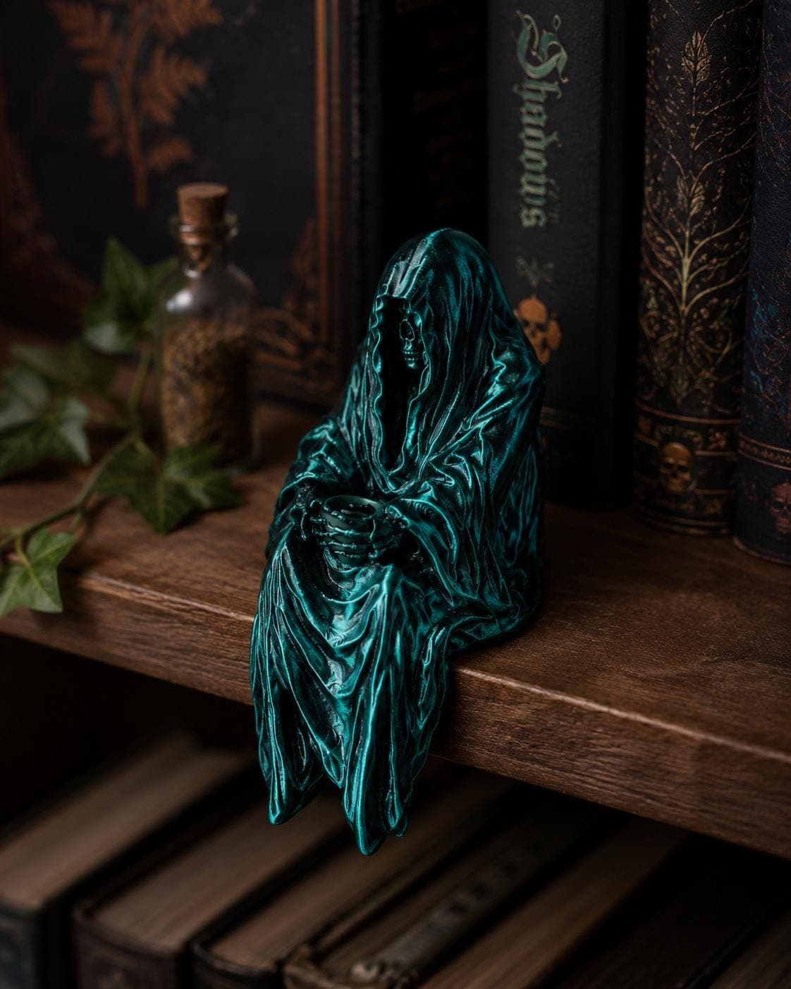 Grim Reaper Tea Cup Bookshelf Nook Decor | Gothic Shelf Sitter | Dark Academia Reaper Figurine | 3D Printed Spooky Decor - Thumbnail 3