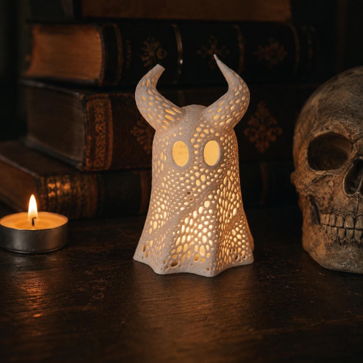 Horned Ghost Lantern – 3D Printed Ghost Tea Light Holder, Spooky Halloween Decor, Gothic Shelf Lamp, Cute Creepy Witchy Decor - Thumbnail 5