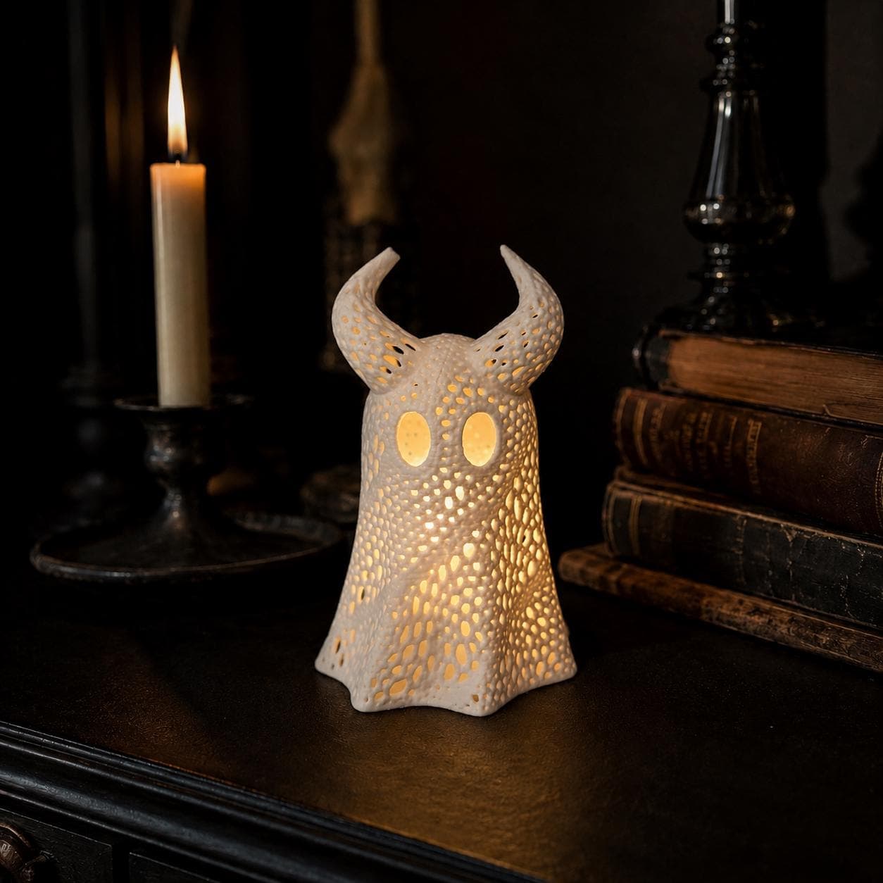Horned Ghost Lantern – 3D Printed Ghost Tea Light Holder, Spooky Halloween Decor, Gothic Shelf Lamp, Cute Creepy Witchy Decor - Thumbnail 3
