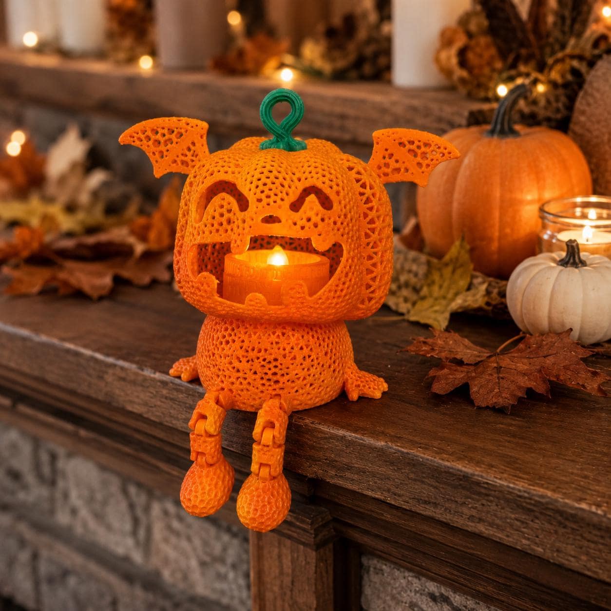 Bat Wing Jack-O’-Lantern Tealight Holder | Cute Spooky 3D Printed Pumpkin Lantern | Halloween Shelf Decor - Thumbnail 6