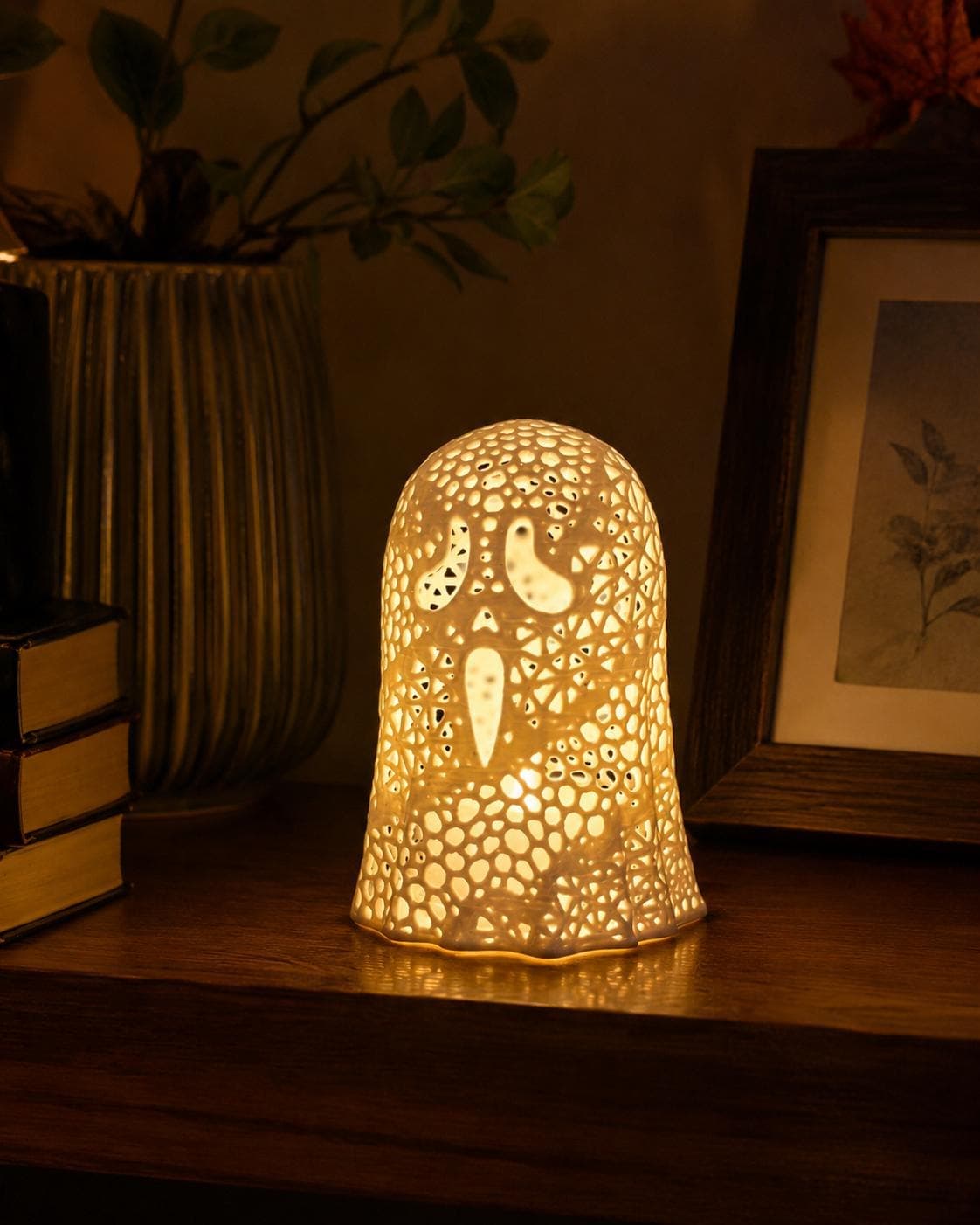 SCREAM Ghost Tealight Holder | Glowing Ghost Lantern | Cute Halloween Shelf Decor | Spooky Fall Mantel Accent - Thumbnail 4
